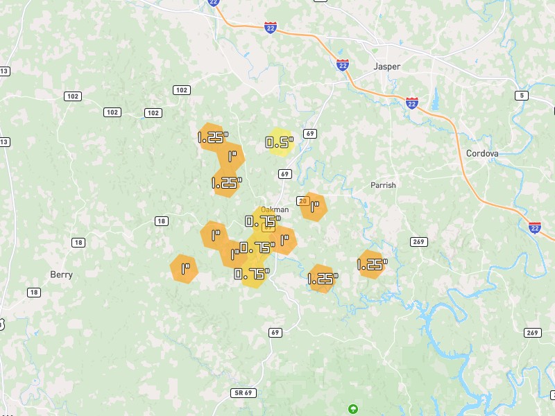 Hail map of Oakman, AL on Jun 1, 2026, hail up to 1.25"