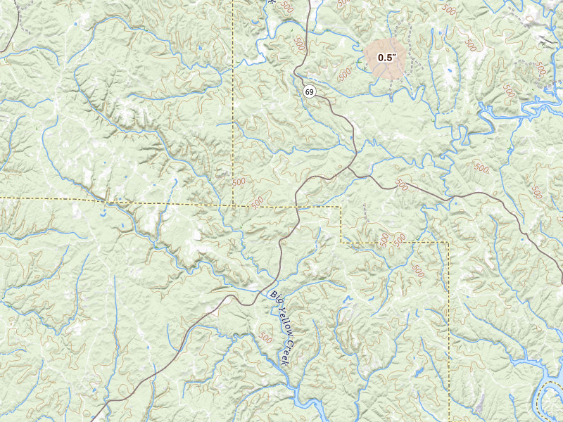 Radar-estimated hail-size map of the storm over Oakman, AL on Jul 18, 2026