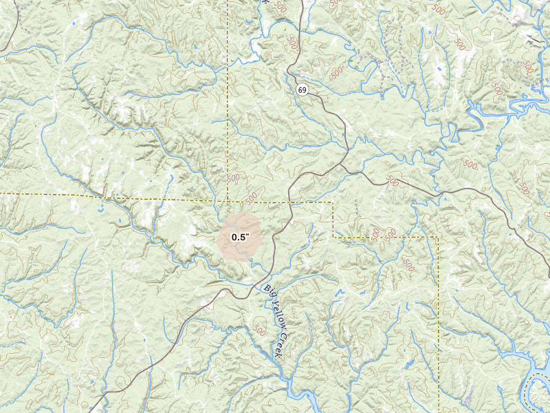 Radar-estimated hail-size map of the storm over Oakman, AL on Jul 25, 2026