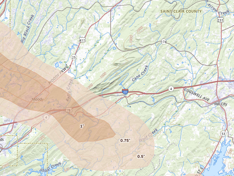 Radar-estimated hail-size map of the storm over Odenville, AL on Feb 26, 2026