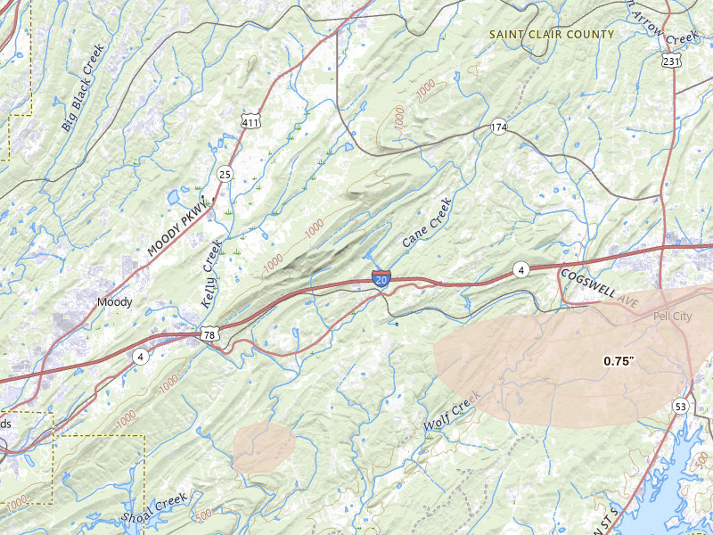 Radar-estimated hail-size map of the storm over Odenville, AL on Jul 2, 2026