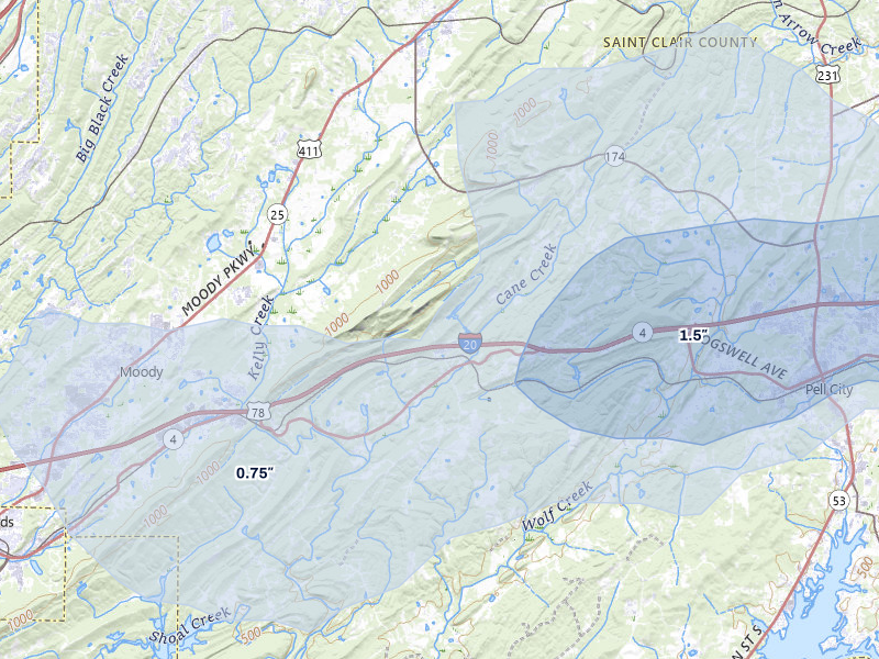 NEXRAD radar-signature map of the hail storm over Odenville, AL on Jul 2, 2026