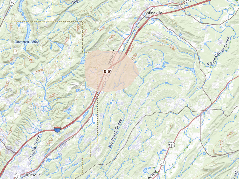 Radar-estimated hail-size map of the storm over Odenville, AL on Aug 20, 2026
