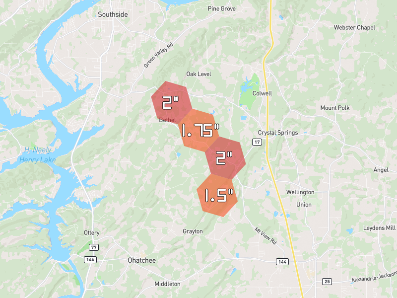 Hail map of Ohatchee, AL on Jul 1, 2026, hail up to 2"