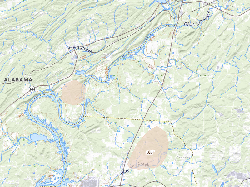 Radar-estimated hail-size map of the storm over Ohatchee, AL on Jul 5, 2026