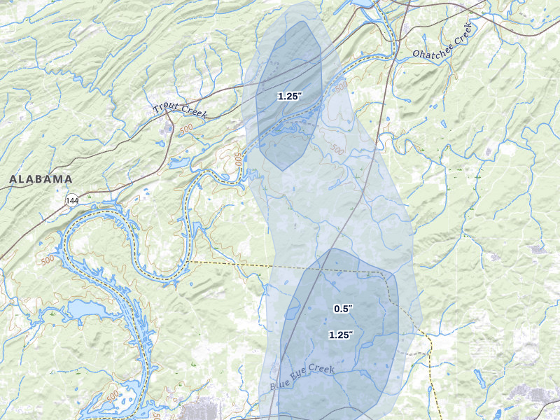 NEXRAD radar-signature map of the hail storm over Ohatchee, AL on Jul 5, 2026