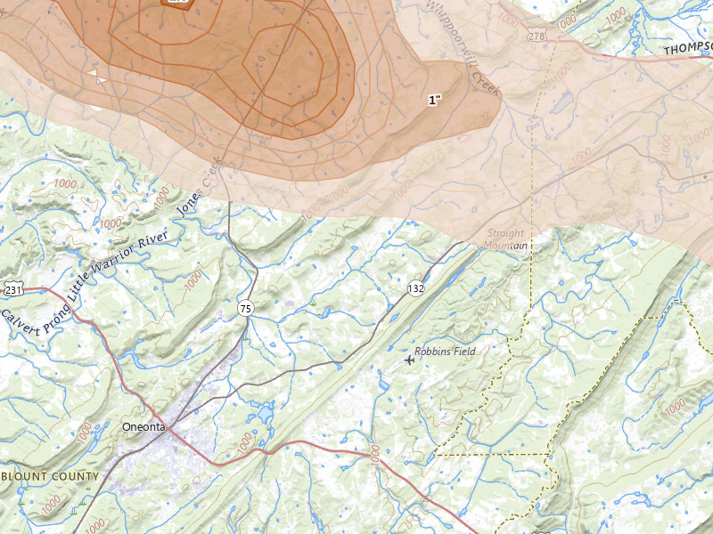 Radar-estimated hail-size map of the storm over Oneonta, AL on Feb 26, 2026