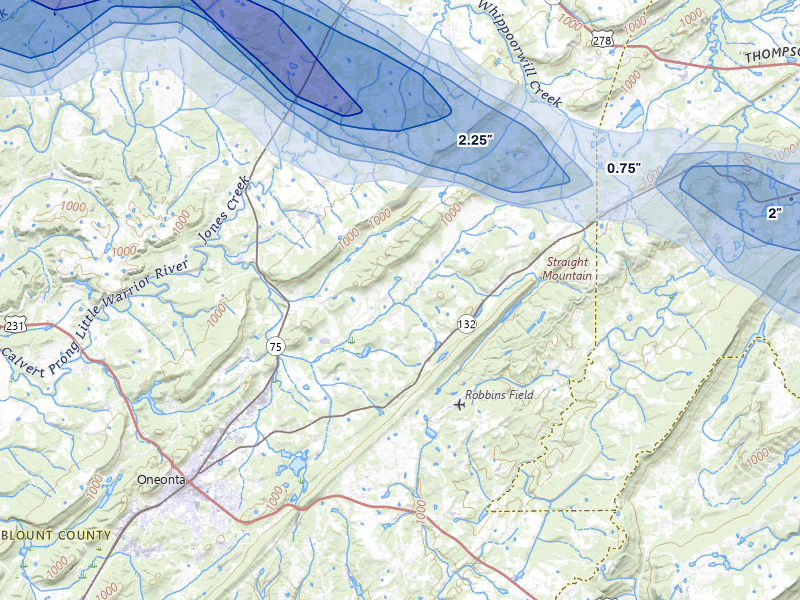 NEXRAD radar-signature map of the hail over Oneonta, AL