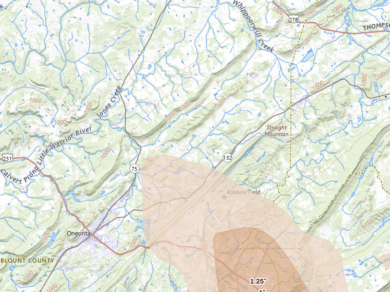 Radar-estimated hail-size map of the storm over Oneonta, AL on Jul 1, 2026