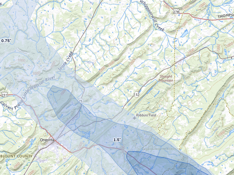 NEXRAD radar-signature map of the hail storm over Oneonta, AL on Jul 1, 2026