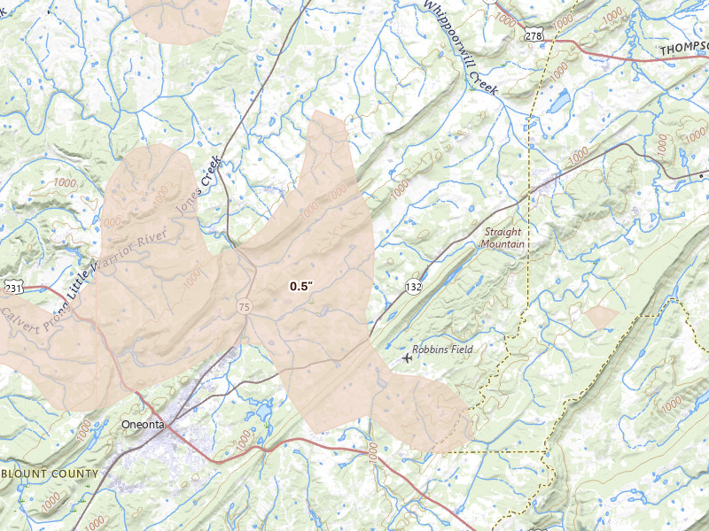 Radar-estimated hail-size map of the storm over Oneonta, AL on Jul 3, 2026