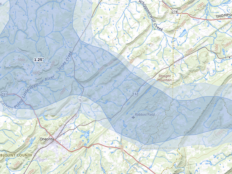 NEXRAD radar-signature map of the hail storm over Oneonta, AL on Jul 3, 2026