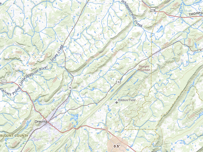 Radar-estimated hail-size map of the storm over Oneonta, AL on Jul 6, 2026