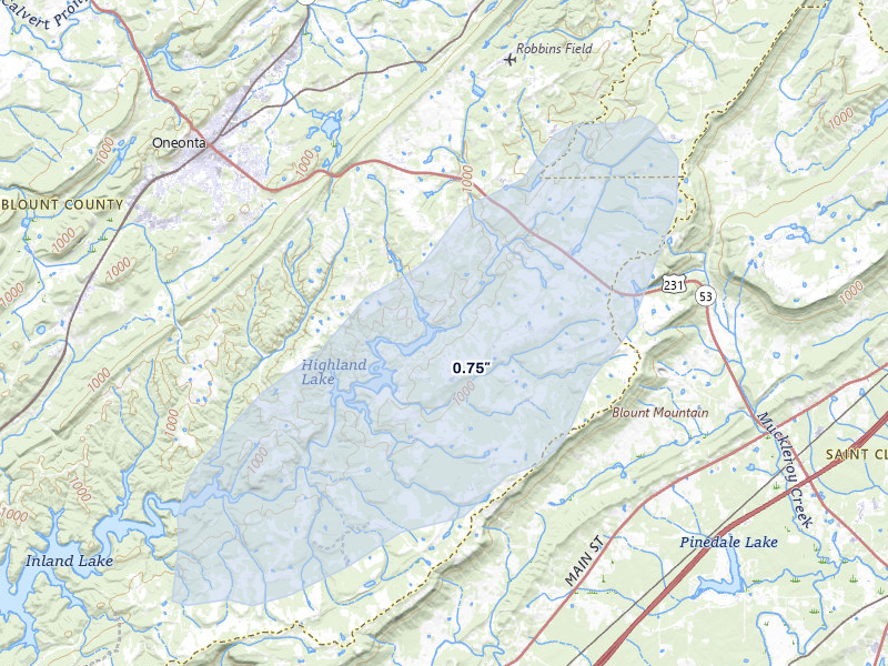 NEXRAD radar-signature map of the hail storm over Oneonta, AL on Jul 6, 2026