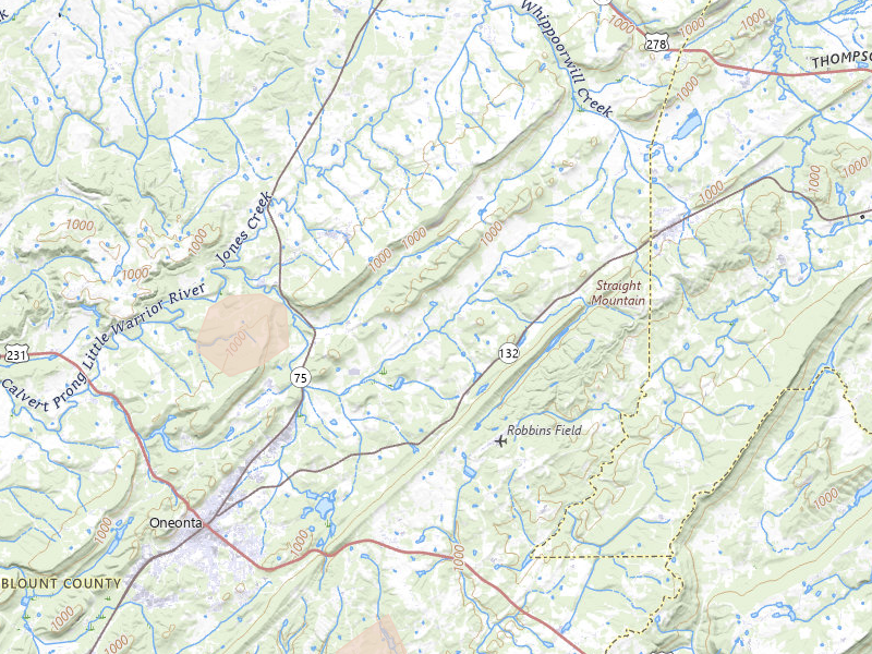 Radar-estimated hail-size map of the storm over Oneonta, AL on Jul 7, 2026