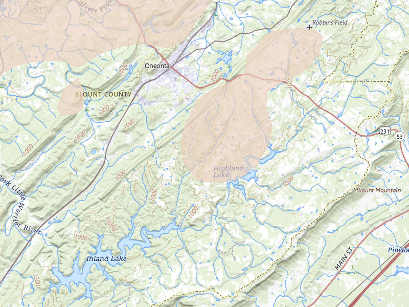 Radar-estimated hail-size map of the storm over Oneonta, AL on Aug 20, 2026