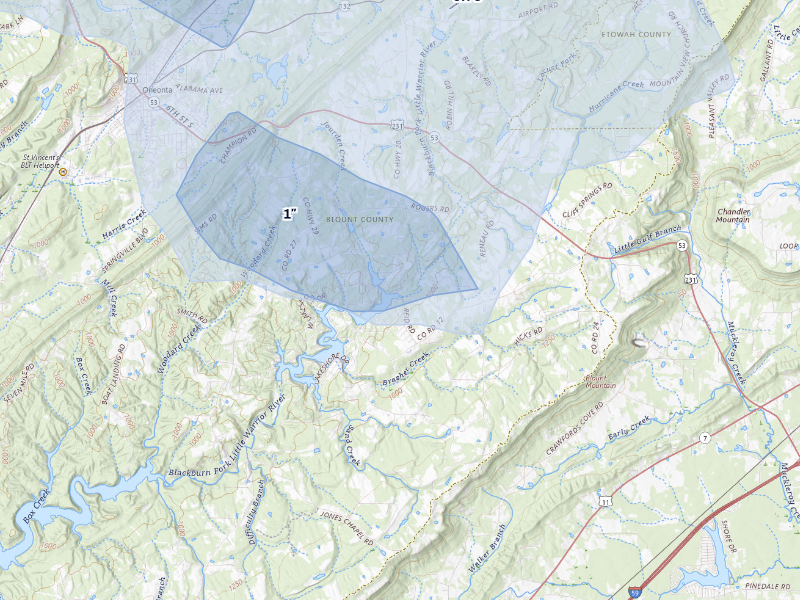 NEXRAD radar-signature map of the hail storm over Oneonta, AL on Aug 20, 2026