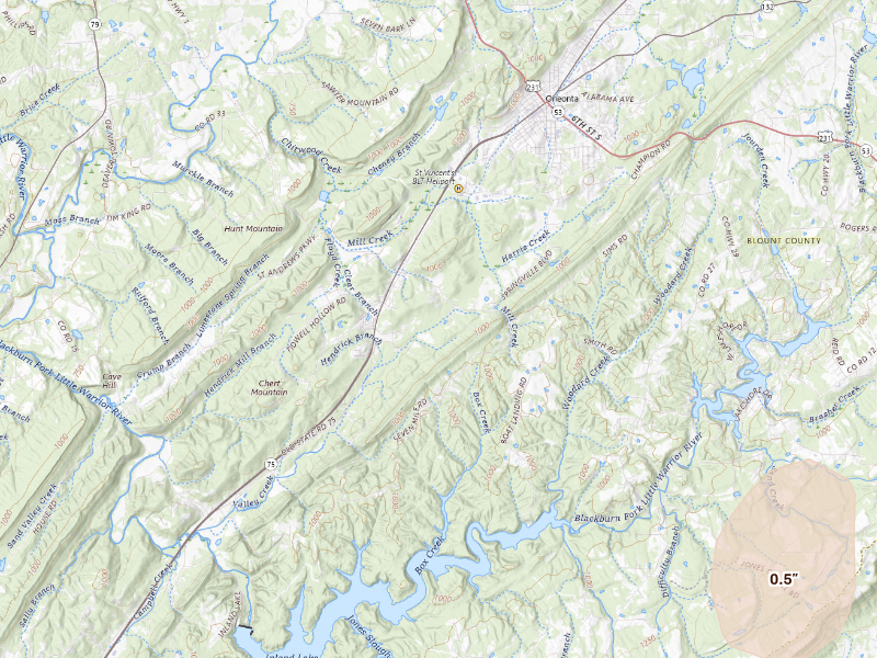 Radar-estimated hail-size map of the storm over Oneonta, AL