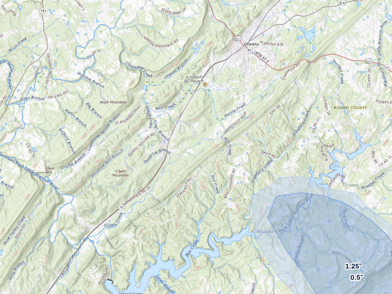 NEXRAD radar-signature map of the hail storm over Oneonta, AL on Sep 21, 2026