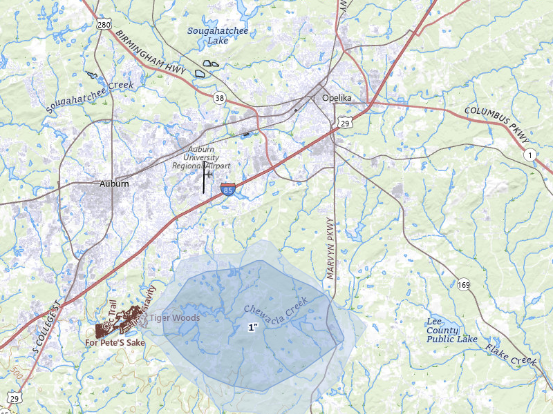 NEXRAD radar-signature map of the hail storm over Opelika, AL on Mar 7, 2026