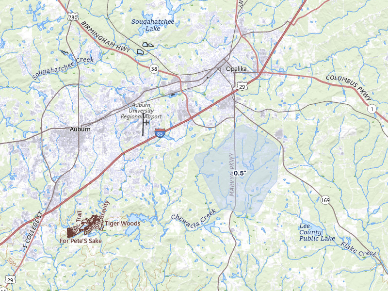 NEXRAD radar-signature map of the hail over Opelika, AL