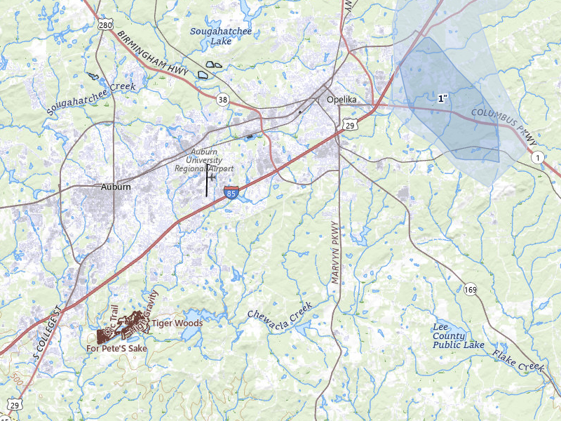 NEXRAD radar-signature map of the hail storm over Opelika, AL on Jul 5, 2026