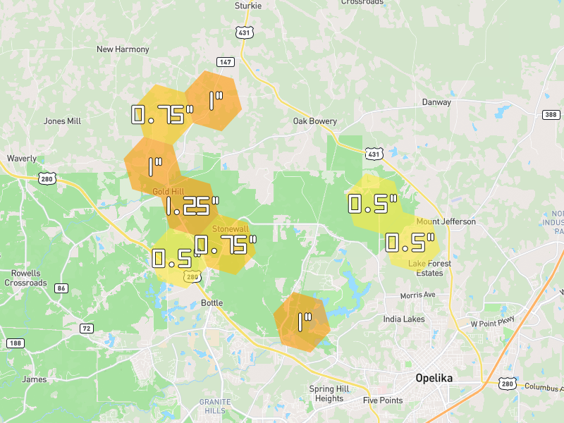 Hail map of Opelika, AL on Jul 9, 2026, hail up to 1.25"