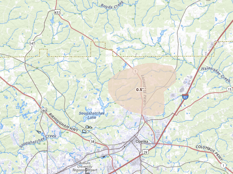 Radar-estimated hail-size map of the storm over Opelika, AL on Aug 11, 2026