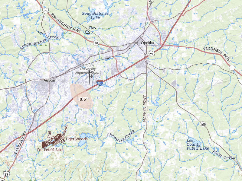 Radar-estimated hail-size map of the storm over Opelika, AL on Aug 12, 2026