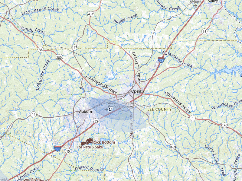 NEXRAD radar-signature map of the hail storm over Opelika, AL on Aug 12, 2026