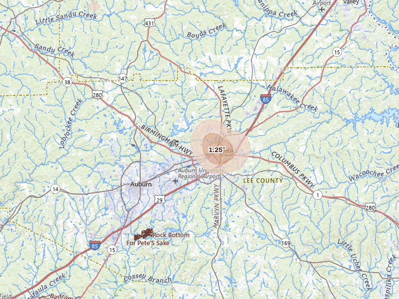 Radar-estimated hail-size map of the storm over Opelika, AL on Aug 13, 2026