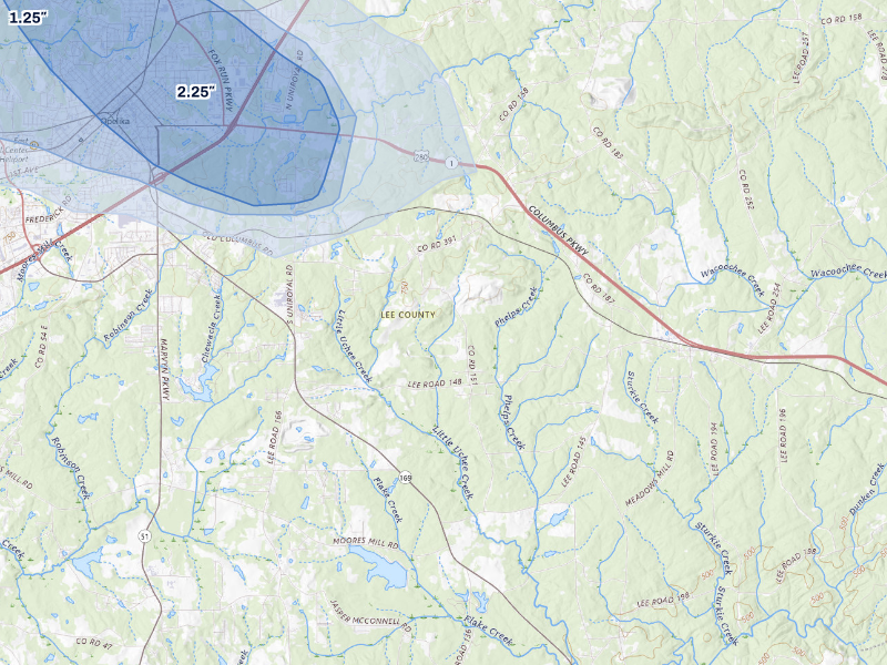 NEXRAD radar-signature map of the hail storm over Opelika, AL on Aug 13, 2026