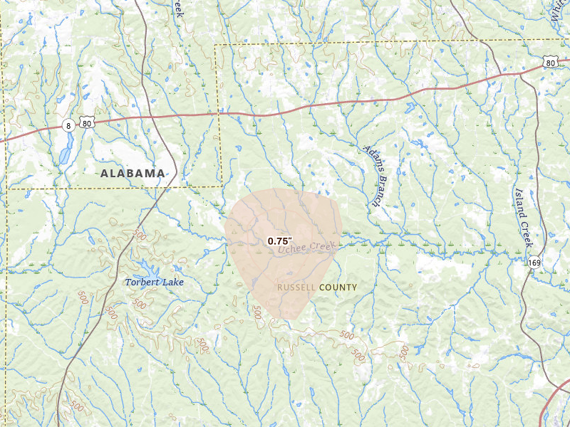 Radar-estimated hail-size map of the storm over Opelika, AL
