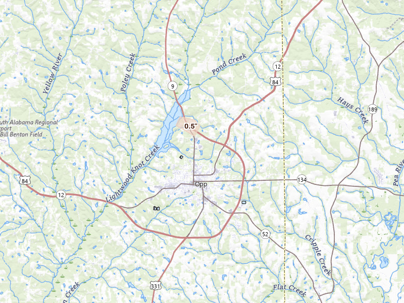 Radar-estimated hail-size map of the storm over Opp, AL on Mar 31, 2026