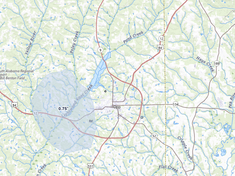 NEXRAD radar-signature map of the hail storm over Opp, AL on Jul 10, 2026