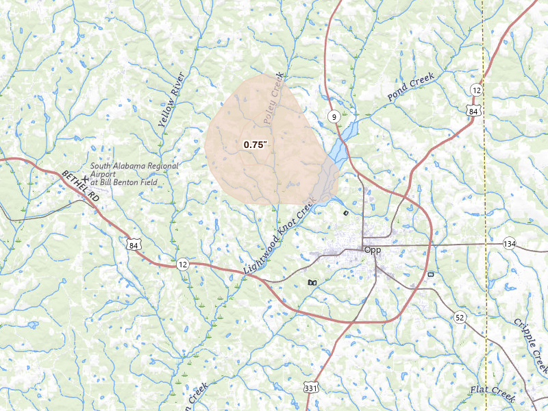 Radar-estimated hail-size map of the storm over Opp, AL on Aug 17, 2026