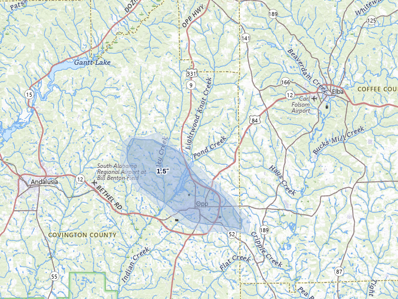 NEXRAD radar-signature map of the hail storm over Opp, AL on Aug 17, 2026