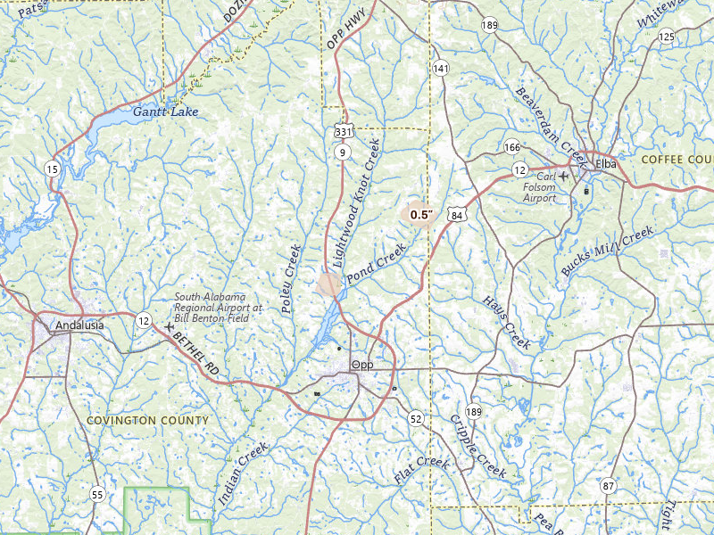 Radar-estimated hail-size map of the storm over Opp, AL on Aug 20, 2026