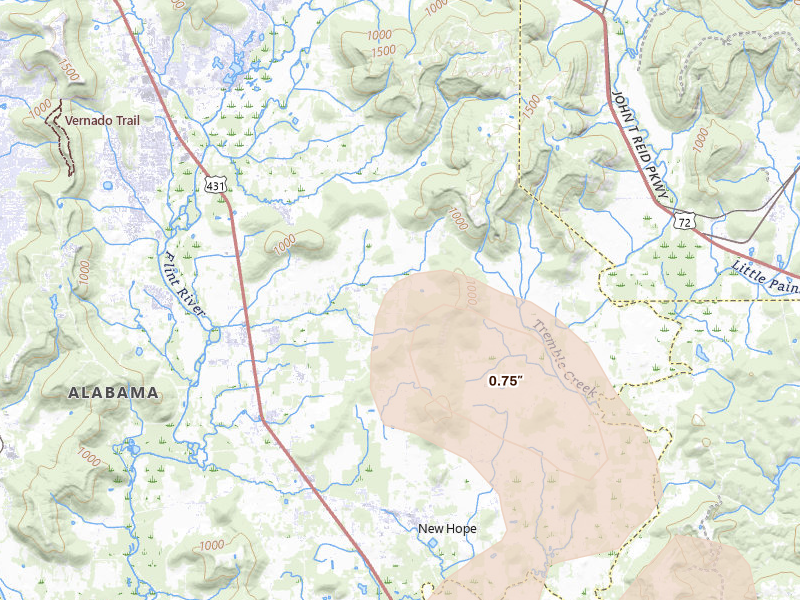 Radar-estimated hail-size map of the storm over Owens Cross Roads, AL on Jul 1, 2026