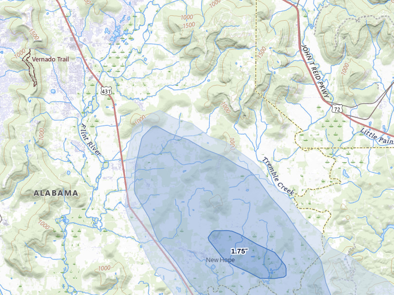 NEXRAD radar-signature map of the hail over Owens Cross Roads, AL