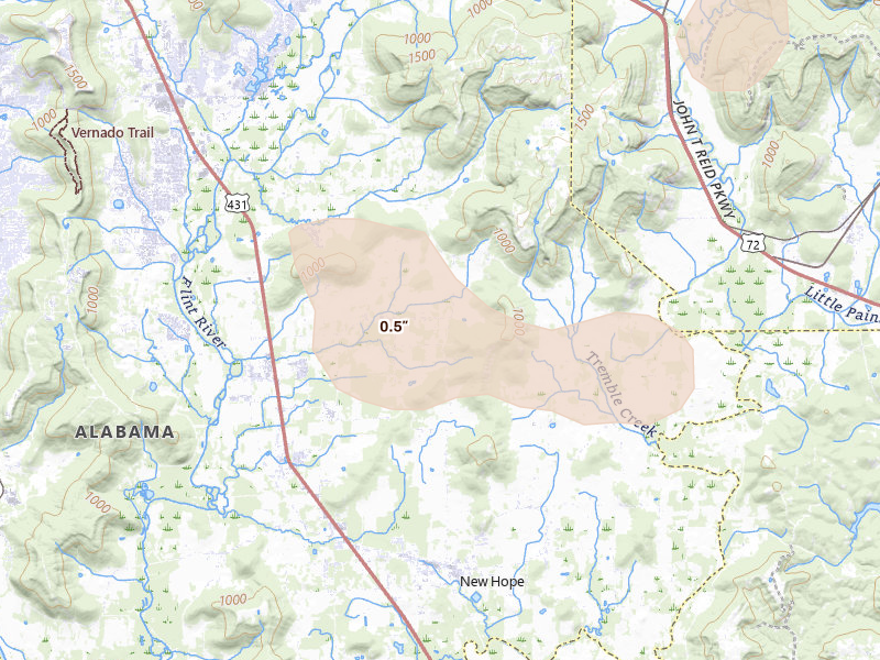Radar-estimated hail-size map of the storm over Owens Cross Roads, AL on Jul 3, 2026