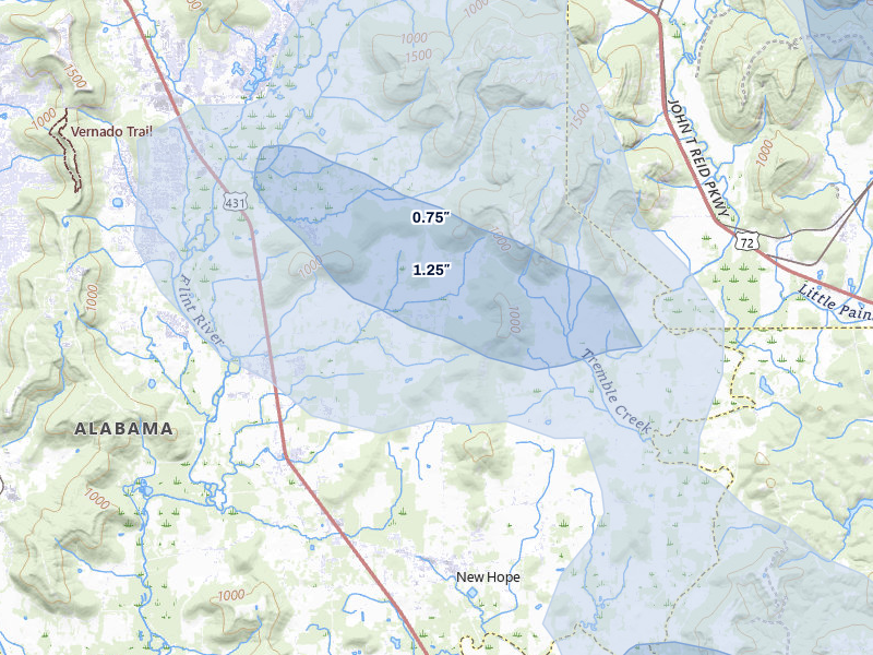 NEXRAD radar-signature map of the hail over Owens Cross Roads, AL