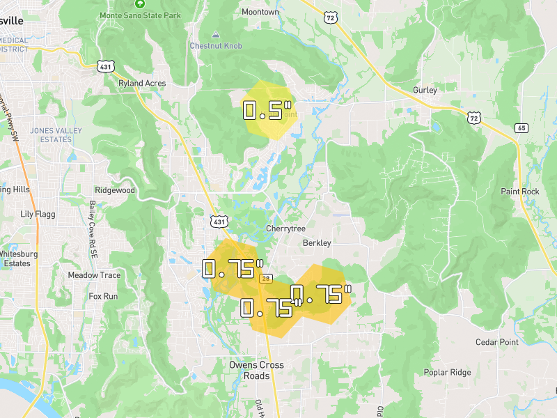 Hail map of Owens Cross Roads, AL on Jul 3, 2026, hail up to 0.75"