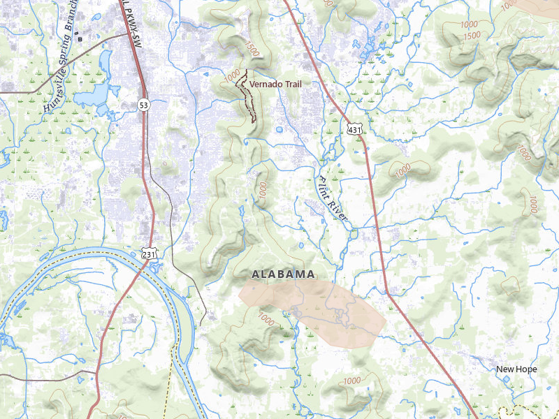 Radar-estimated hail-size map of the storm over Owens Cross Roads, AL on Aug 11, 2026