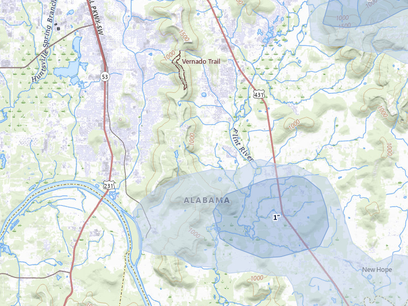 NEXRAD radar-signature map of the hail storm over Owens Cross Roads, AL on Aug 11, 2026