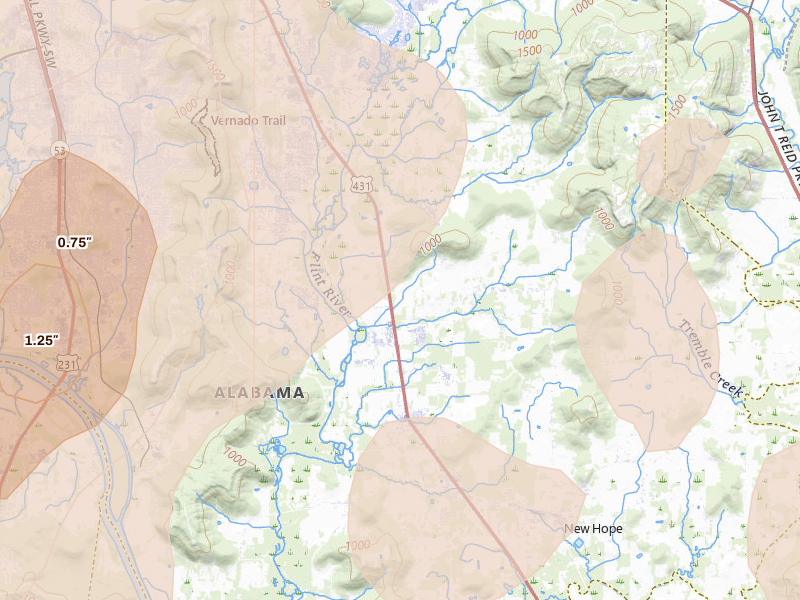 Radar-estimated hail-size map of the storm over Owens Cross Roads, AL on Aug 20, 2026