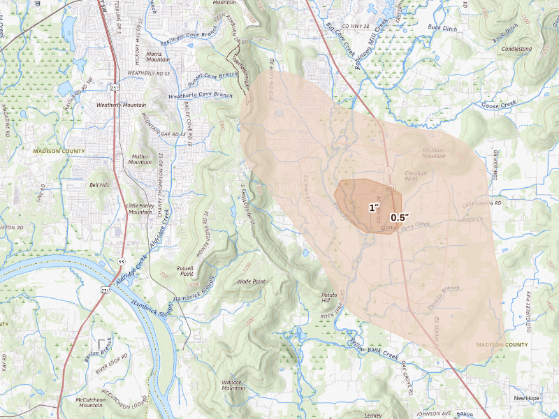 Radar-estimated hail-size map of the storm over Owens Cross Roads, AL