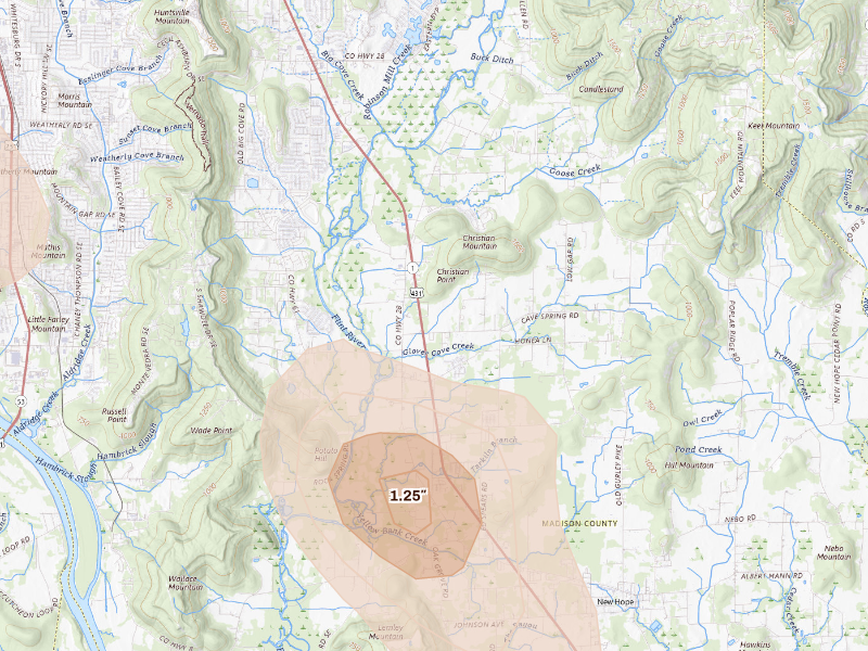 Radar-estimated hail-size map of the storm over Owens Cross Roads, AL