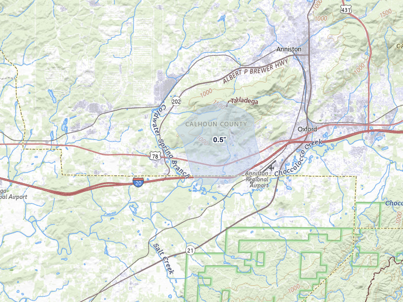 NEXRAD radar-signature map of the hail storm over Oxford, AL on Apr 4, 2026