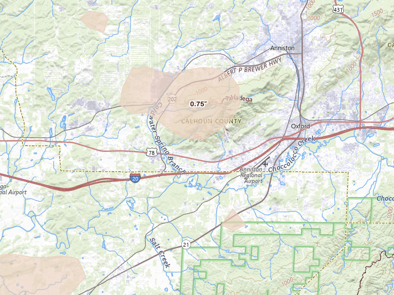 Radar-estimated hail-size map of the storm over Oxford, AL on Jul 3, 2026